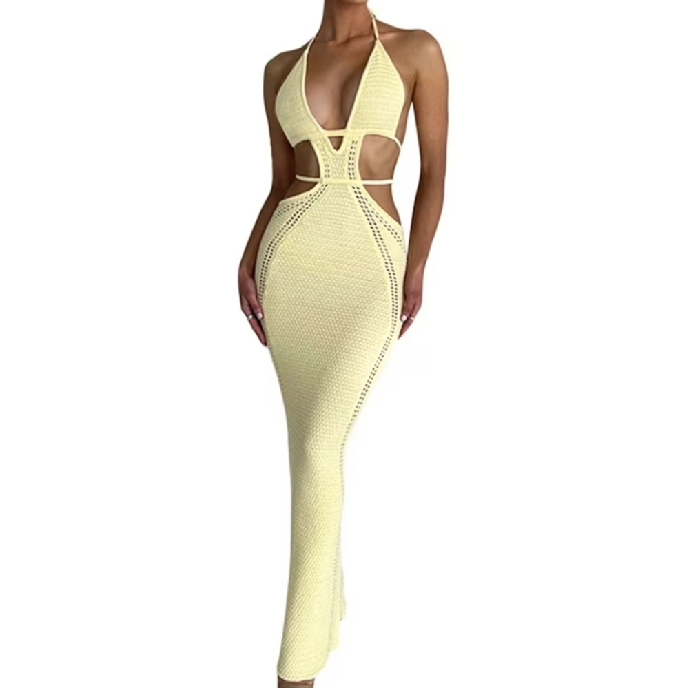 Marthea V Neck Halter Cut Out Crochet Knitted Long Dress Backless Beach Cover Up